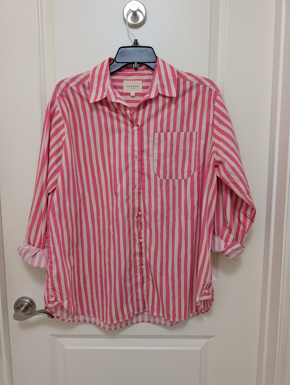 Sezane Max Shirt Ecru and Pink Stripe - Picture 2 of 5
